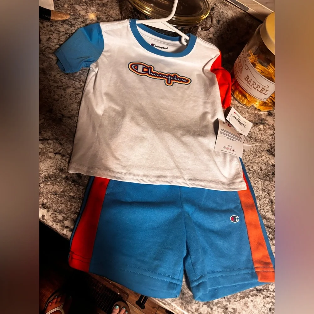 Champion White Tee with Blue & Orange Trim Two-Piece Set